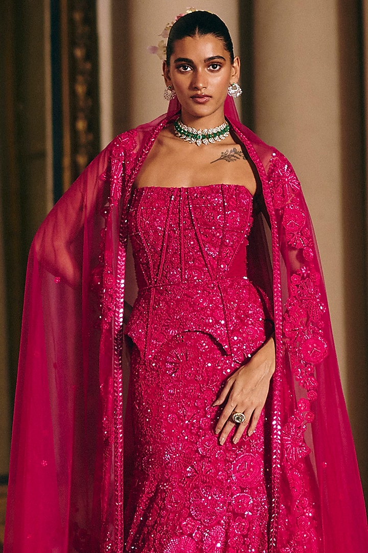 Fuchsia Tulle Embroidered Fish-Cut Skirt Set by Mishru at Pernia's Pop Up Shop