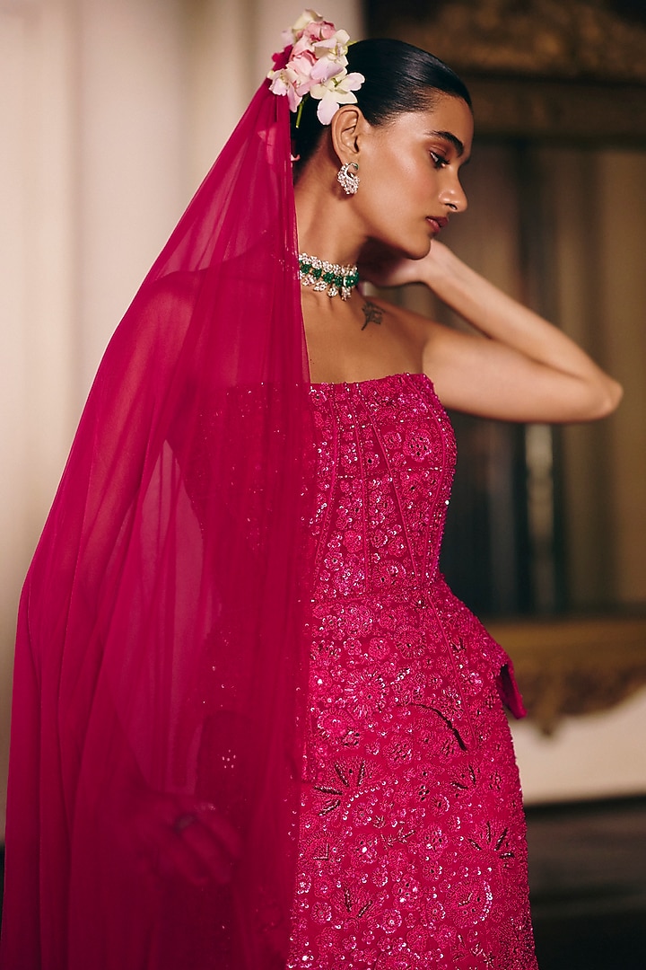 Fuchsia Tulle Embroidered Fish-Cut Skirt Set by Mishru at Pernia's Pop Up Shop