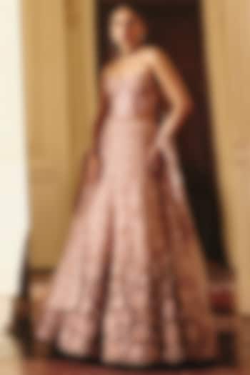 Rose Gold Ombre Tulle Floral Embroidered Bridal Lehenga Set by Mishru at Pernia's Pop Up Shop