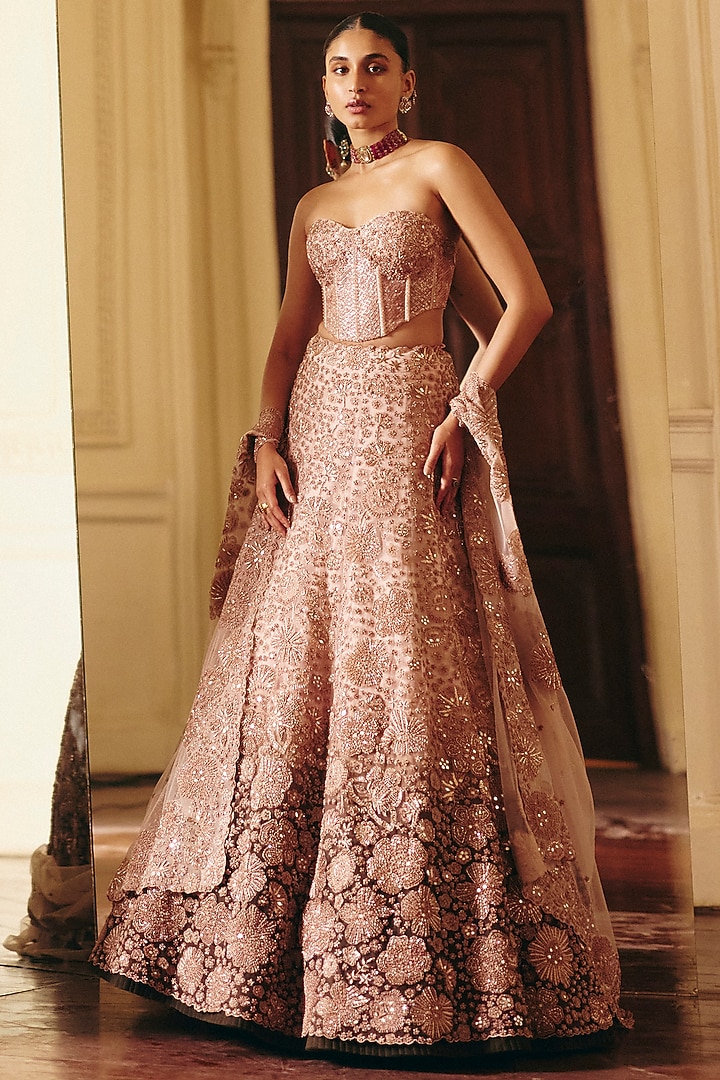 Rose Gold Ombre Tulle Floral Embroidered Bridal Lehenga Set by Mishru at Pernia's Pop Up Shop