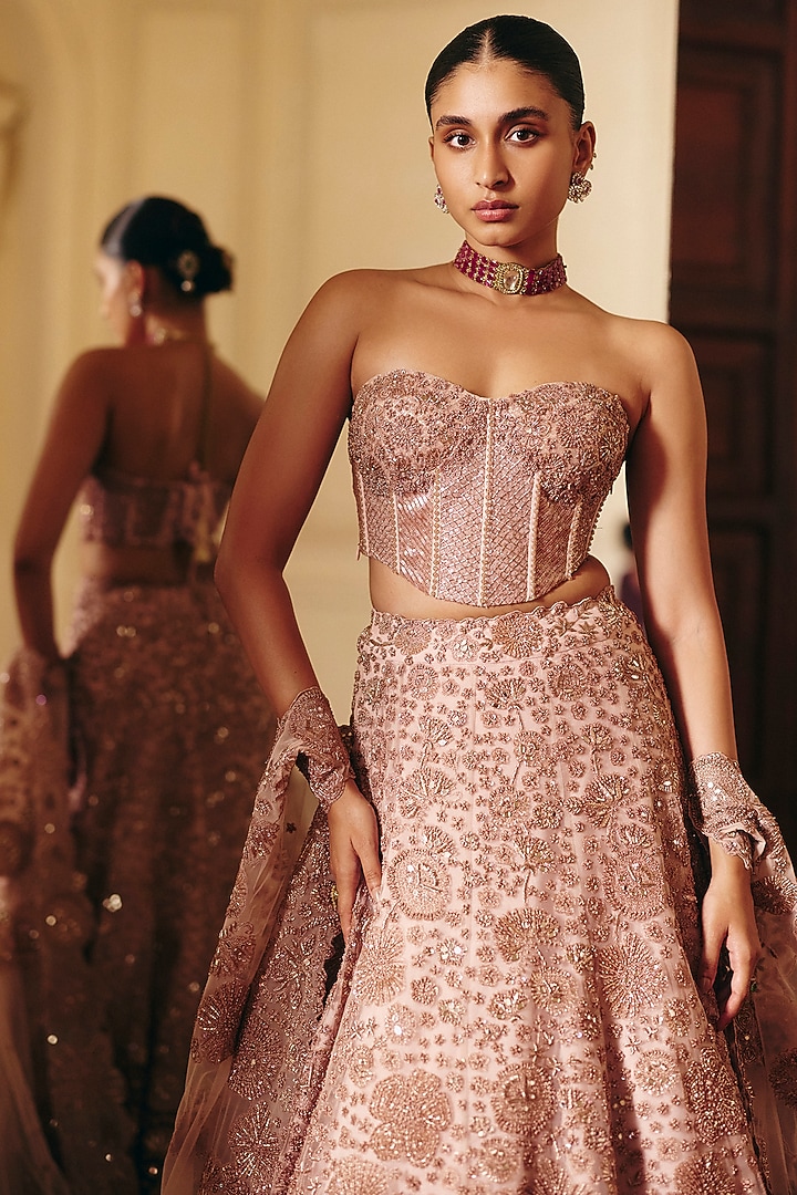 Rose Gold Ombre Tulle Floral Embroidered Bridal Lehenga Set by Mishru at Pernia's Pop Up Shop