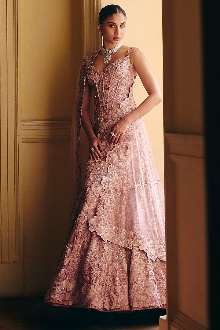 Muted Pink Tulle Fish-Cut Bridal Lehenga Set by Mishru at Pernia's Pop Up Shop