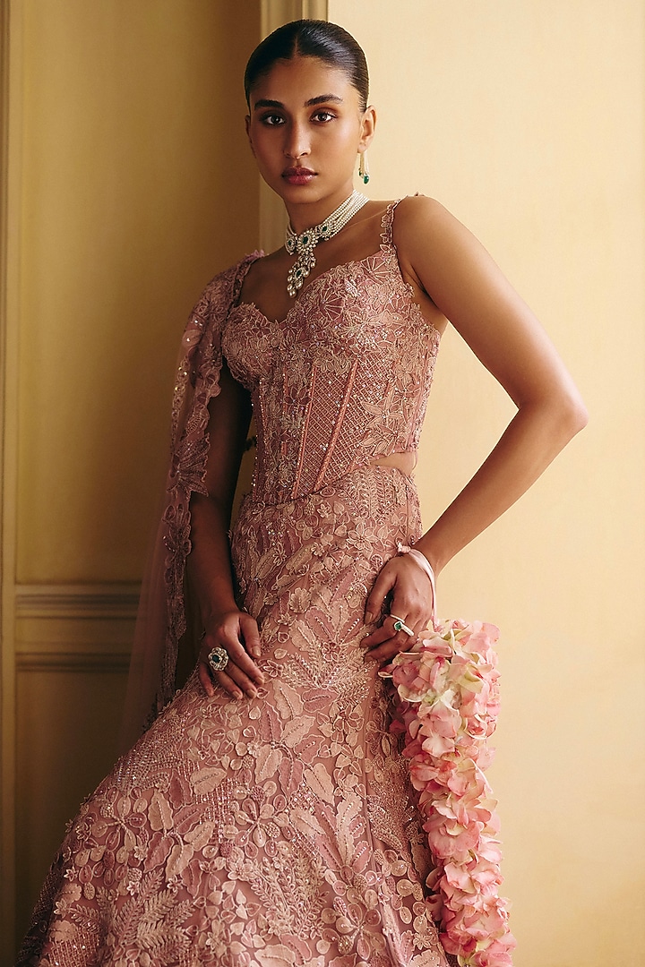 Muted Pink Tulle Fish-Cut Bridal Lehenga Set by Mishru at Pernia's Pop Up Shop