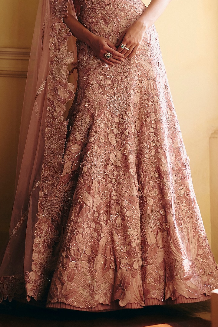 Muted Pink Tulle Fish-Cut Bridal Lehenga Set by Mishru at Pernia's Pop Up Shop