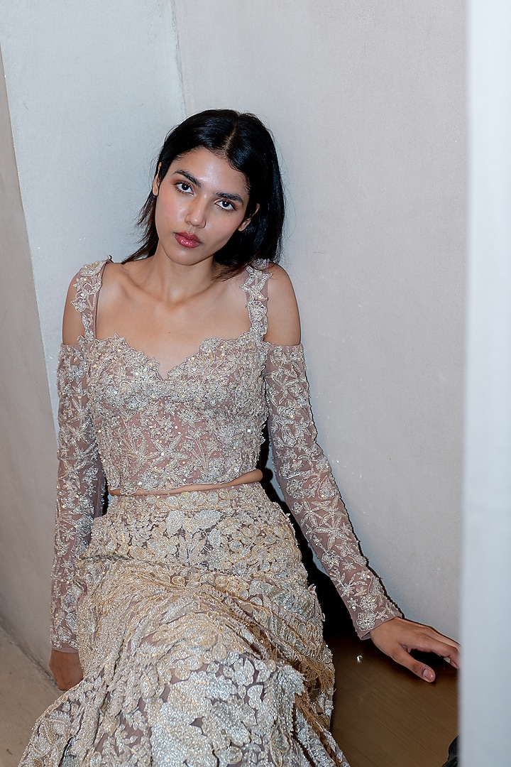 Golden Tulle Fish-Cut Layered Skirt Set by Mishru at Pernia's Pop Up Shop