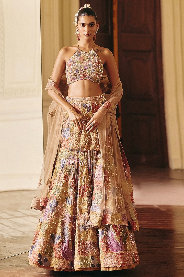 Golden Tulle Sequins Embroidered Bridal Lehenga Set by Mishru at Pernia's Pop Up Shop