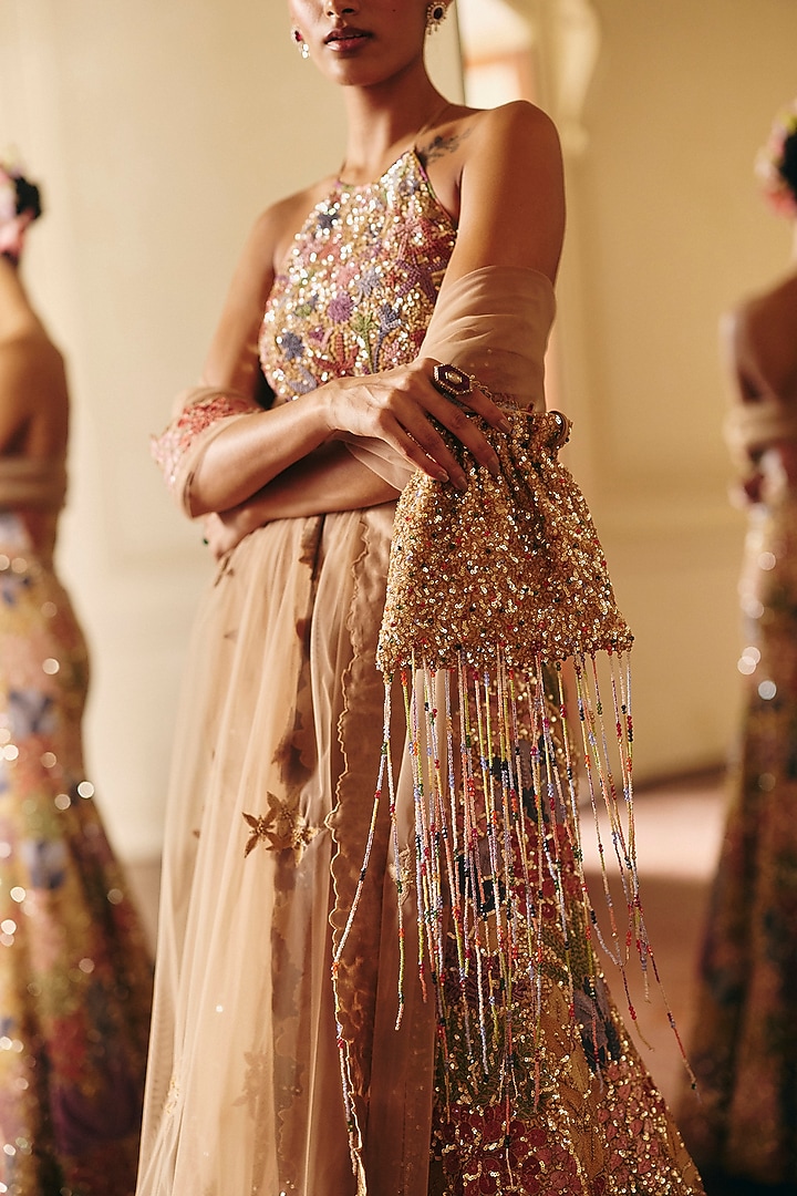 Golden Tulle Sequins Embroidered Bridal Lehenga Set by Mishru at Pernia's Pop Up Shop