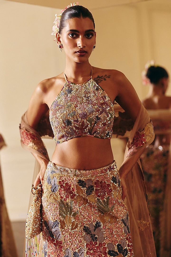 Golden Tulle Sequins Embroidered Bridal Lehenga Set by Mishru at Pernia's Pop Up Shop