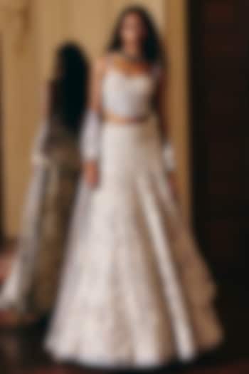 Cloudy Blue Tulle 3D Floral Embroidered Bridal Lehenga Set by Mishru at Pernia's Pop Up Shop