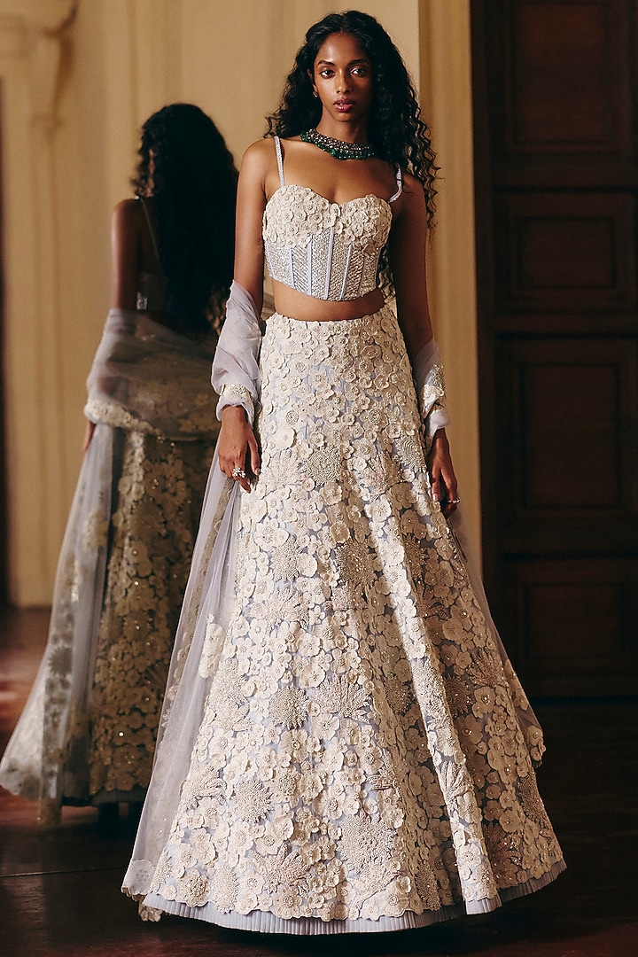 Cloudy Blue Tulle 3D Floral Embroidered Bridal Lehenga Set by Mishru at Pernia's Pop Up Shop
