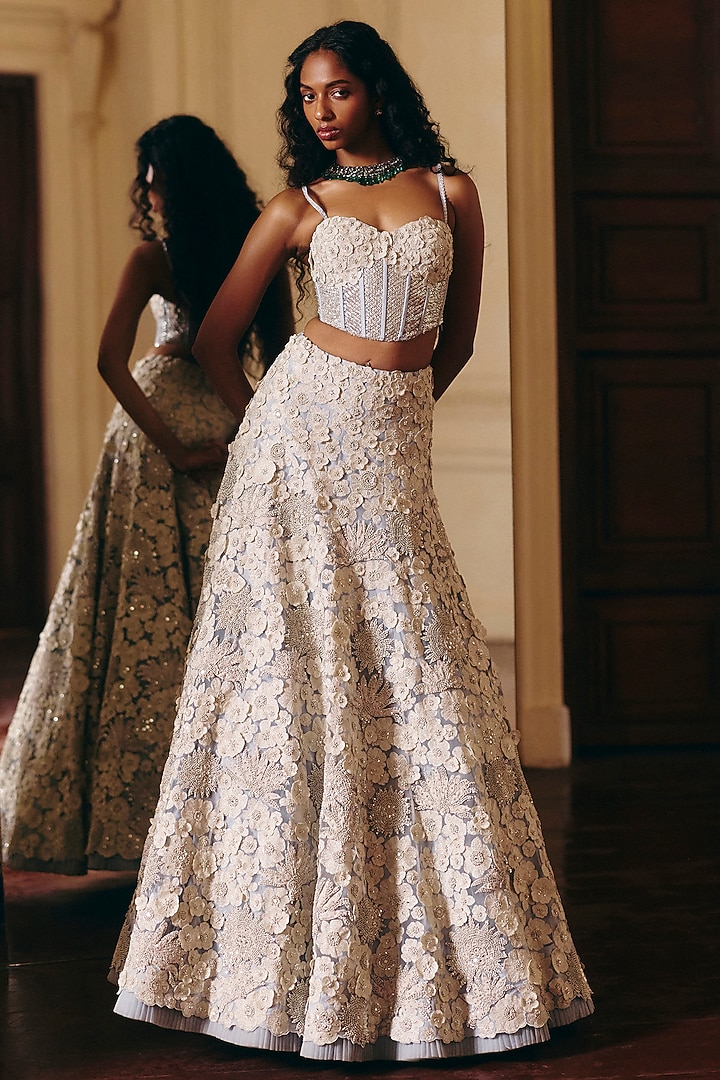 Cloudy Blue Tulle 3D Floral Embroidered Bridal Lehenga Set by Mishru at Pernia's Pop Up Shop