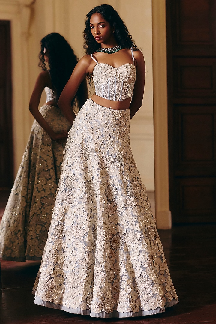 Cloudy Blue Tulle 3D Floral Embroidered Bridal Lehenga Set by Mishru at Pernia's Pop Up Shop
