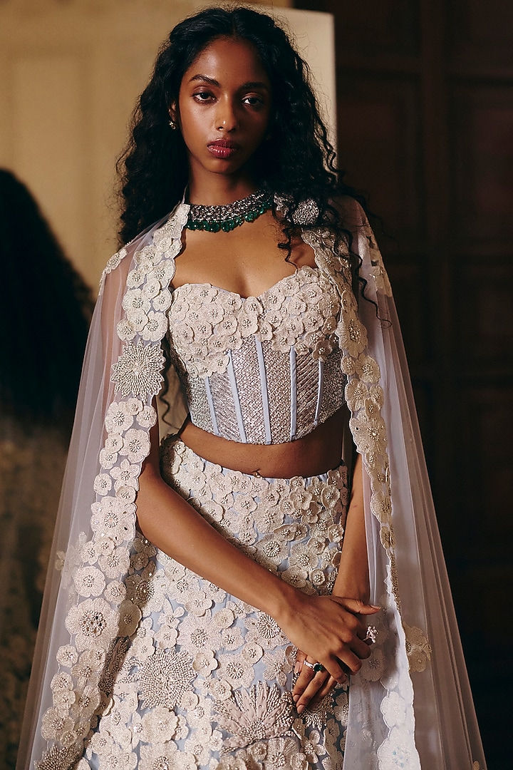 Cloudy Blue Tulle 3D Floral Embroidered Bridal Lehenga Set by Mishru at Pernia's Pop Up Shop
