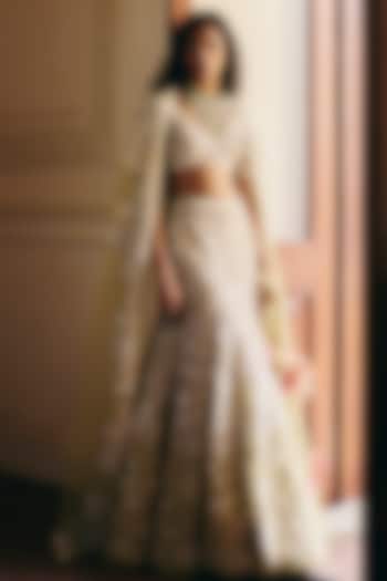 Sage Green Tulle Floral Embellished Bridal Lehenga Set by Mishru at Pernia's Pop Up Shop
