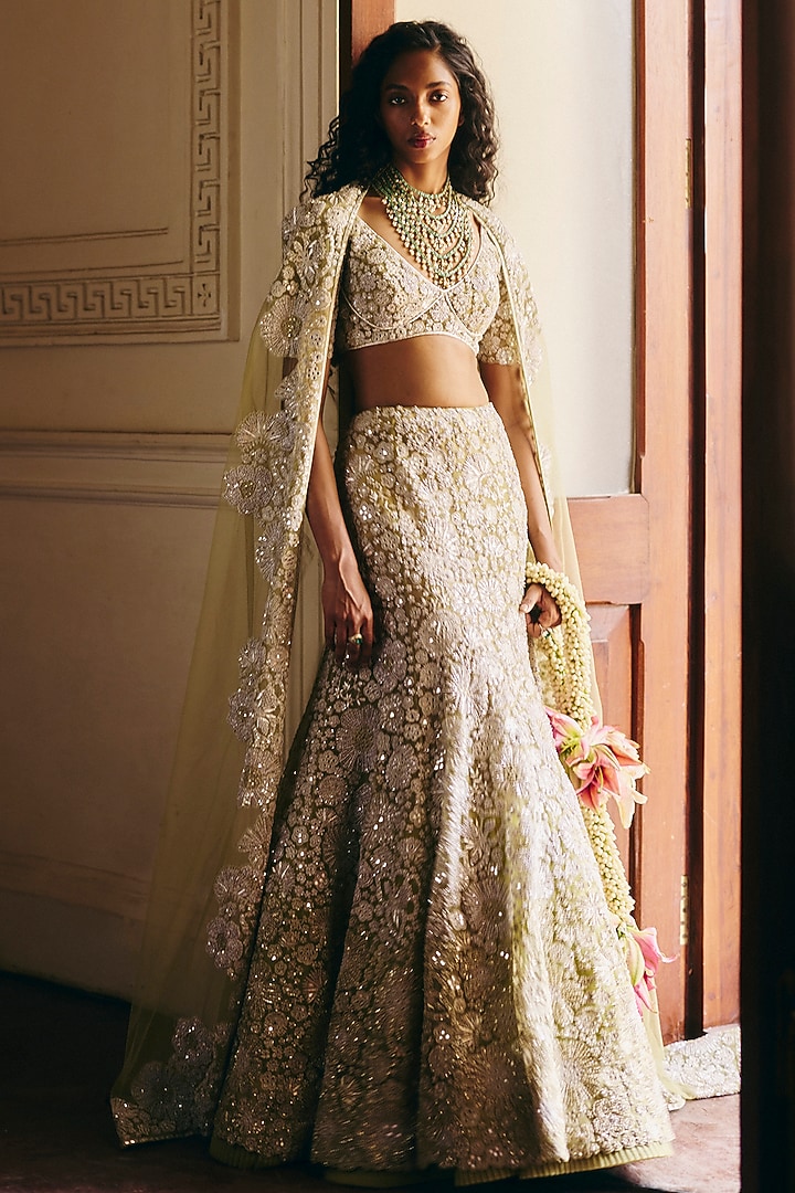 Sage Green Tulle Floral Embellished Bridal Lehenga Set by Mishru at Pernia's Pop Up Shop