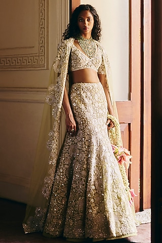 Sage Green Tulle Floral Embellished Lehenga Set by Mishru