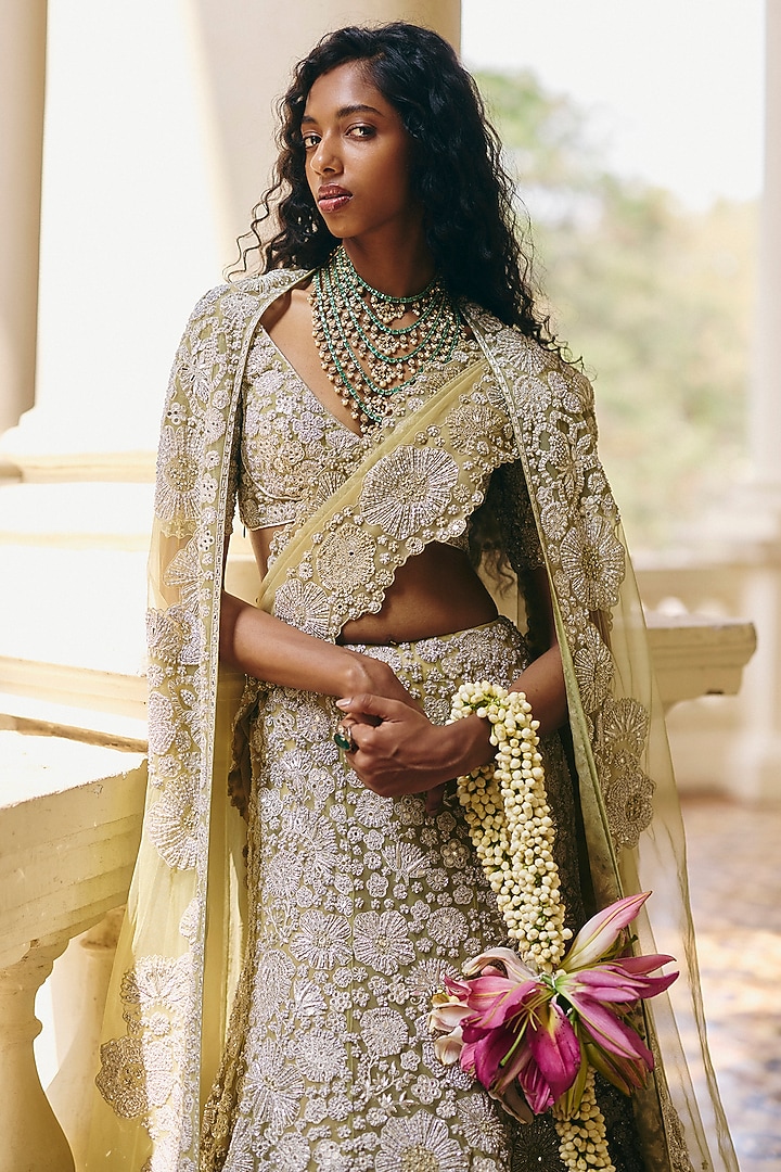 Sage Green Tulle Floral Embellished Bridal Lehenga Set by Mishru at Pernia's Pop Up Shop