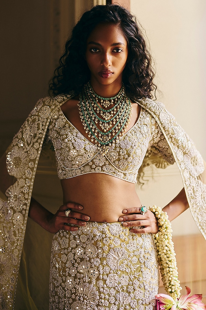 Sage Green Tulle Floral Embellished Bridal Lehenga Set by Mishru at Pernia's Pop Up Shop