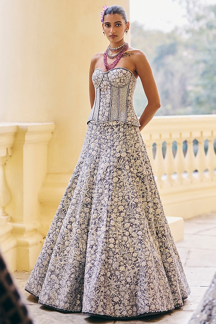Gunmetal Grey Organza Floral Embroidered Bridal Lehenga Set by Mishru at Pernia's Pop Up Shop