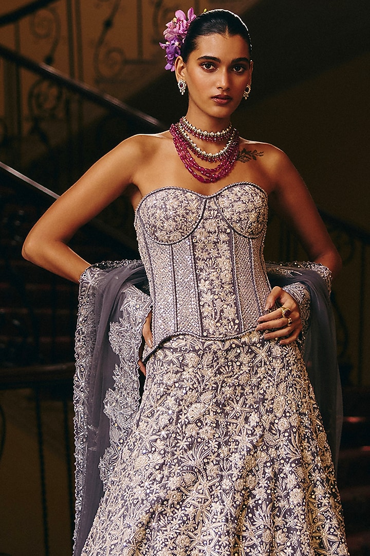 Gunmetal Grey Organza Floral Embroidered Bridal Lehenga Set by Mishru at Pernia's Pop Up Shop