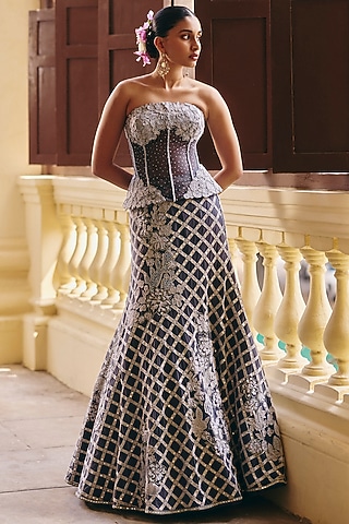 Gunmetal Grey Tulle Metallic Embroidered Fish-Cut Skirt Set by Mishru