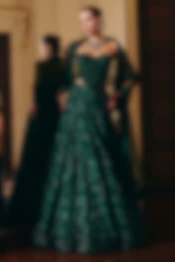 Green Organza Sequins Embellished Bridal Lehenga Set by Mishru at Pernia's Pop Up Shop
