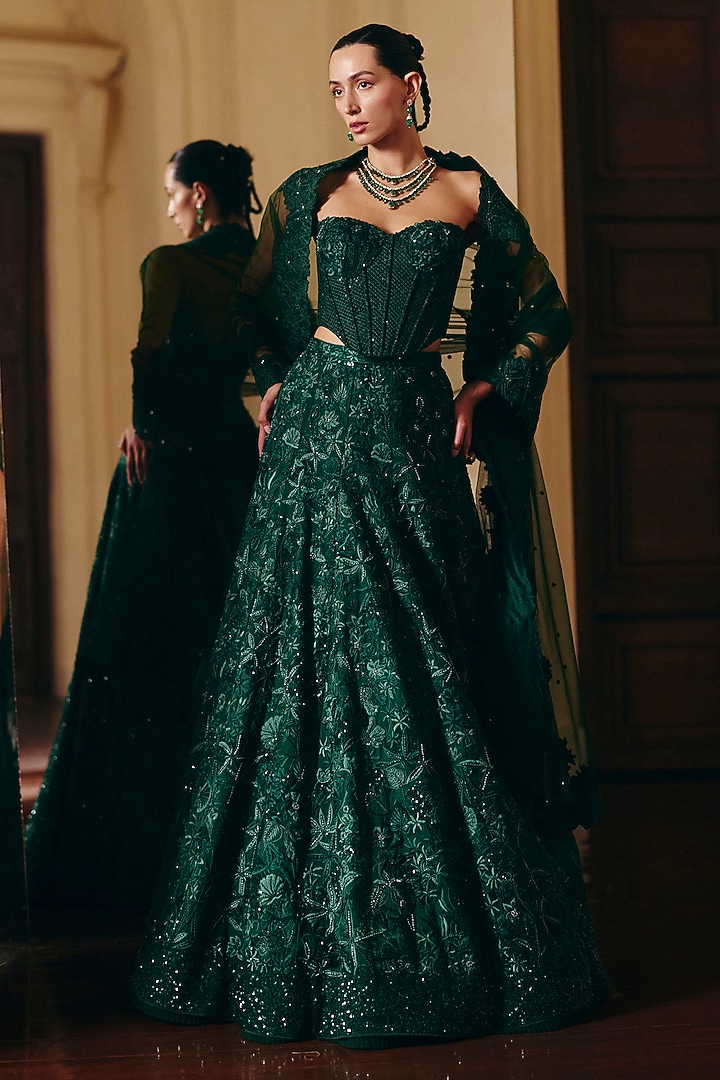 Green Organza Sequins Embellished Bridal Lehenga Set by Mishru at Pernia's Pop Up Shop