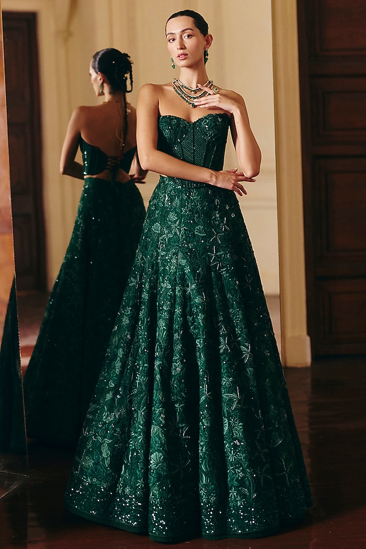 Green Organza Sequins Embellished Bridal Lehenga Set by Mishru at Pernia's Pop Up Shop