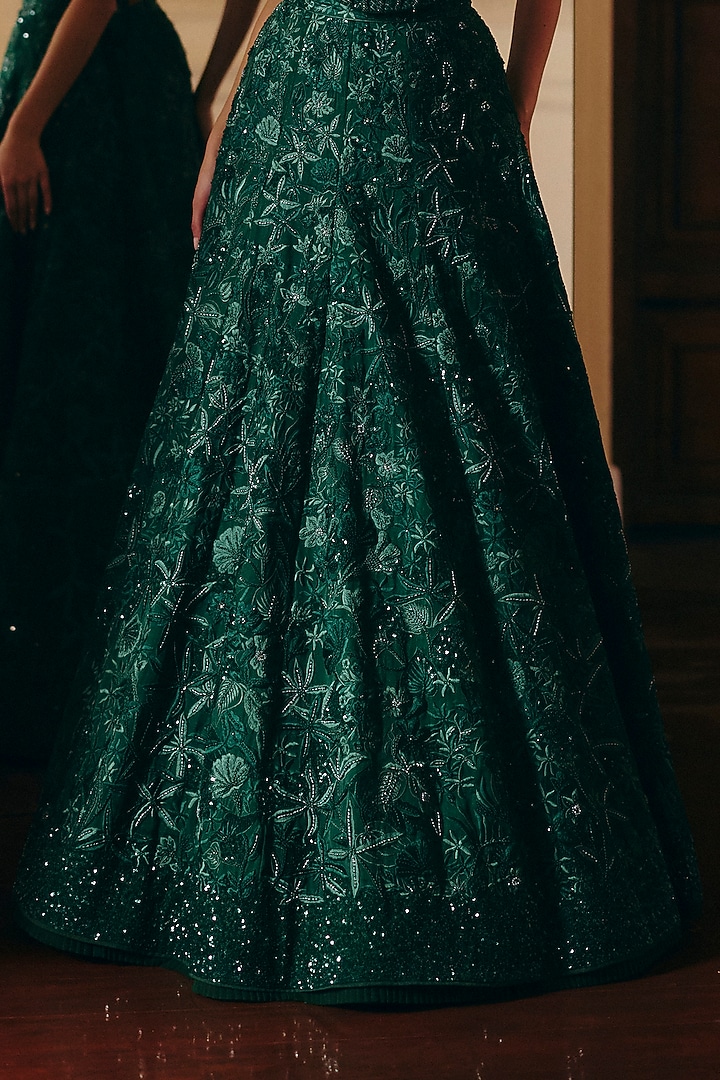 Green Organza Sequins Embellished Bridal Lehenga Set by Mishru at Pernia's Pop Up Shop