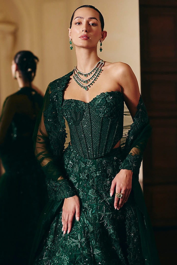 Green Organza Sequins Embellished Bridal Lehenga Set by Mishru at Pernia's Pop Up Shop