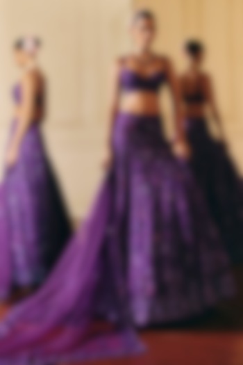 Purple Organza Floral Embroidered Bridal Lehenga Set by Mishru at Pernia's Pop Up Shop