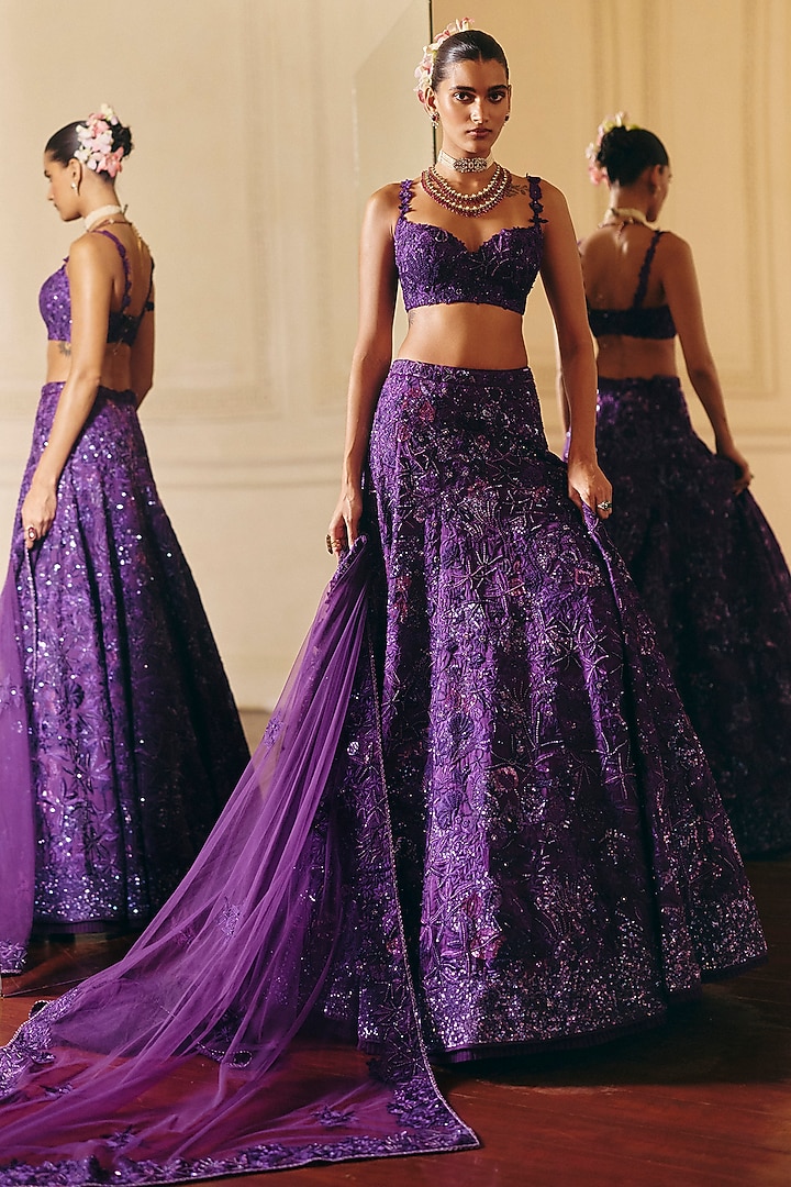 Purple Organza Floral Embroidered Bridal Lehenga Set by Mishru at Pernia's Pop Up Shop
