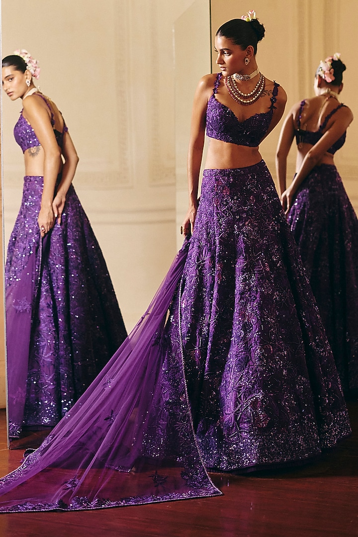 Purple Organza Floral Embroidered Bridal Lehenga Set by Mishru at Pernia's Pop Up Shop