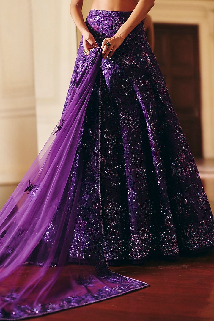 Purple Organza Floral Embroidered Bridal Lehenga Set by Mishru at Pernia's Pop Up Shop