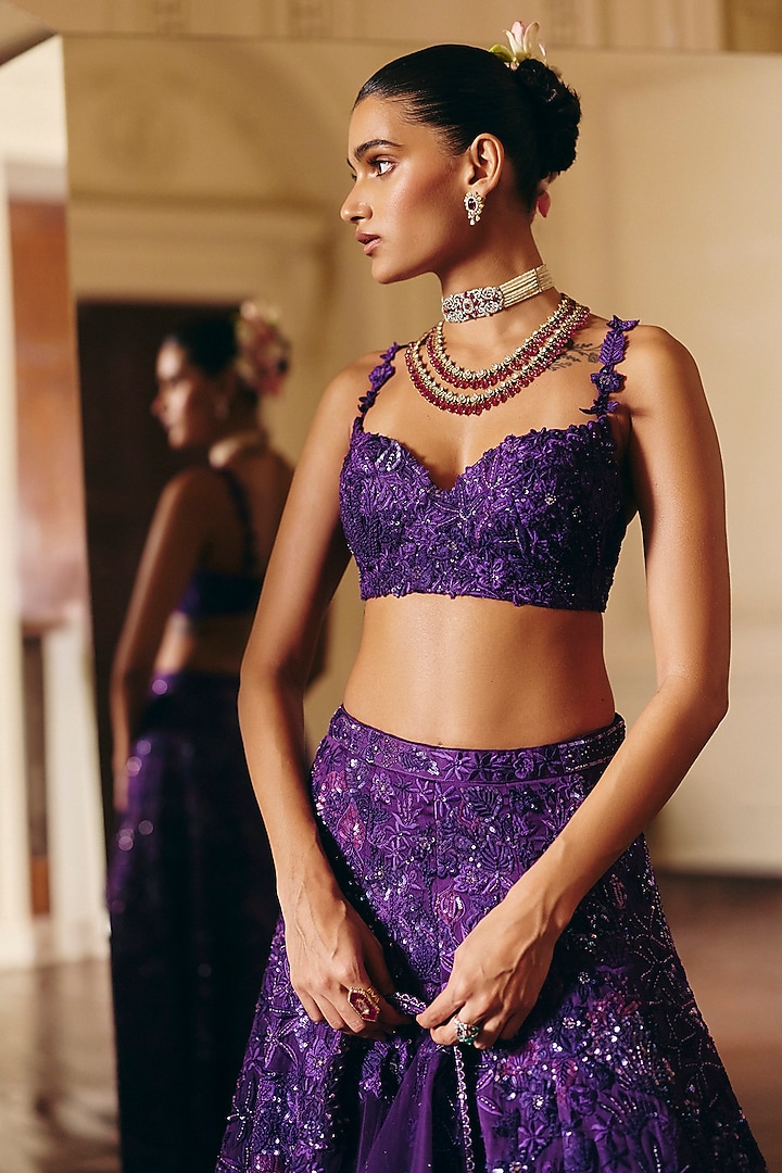Purple Organza Floral Embroidered Bridal Lehenga Set by Mishru at Pernia's Pop Up Shop