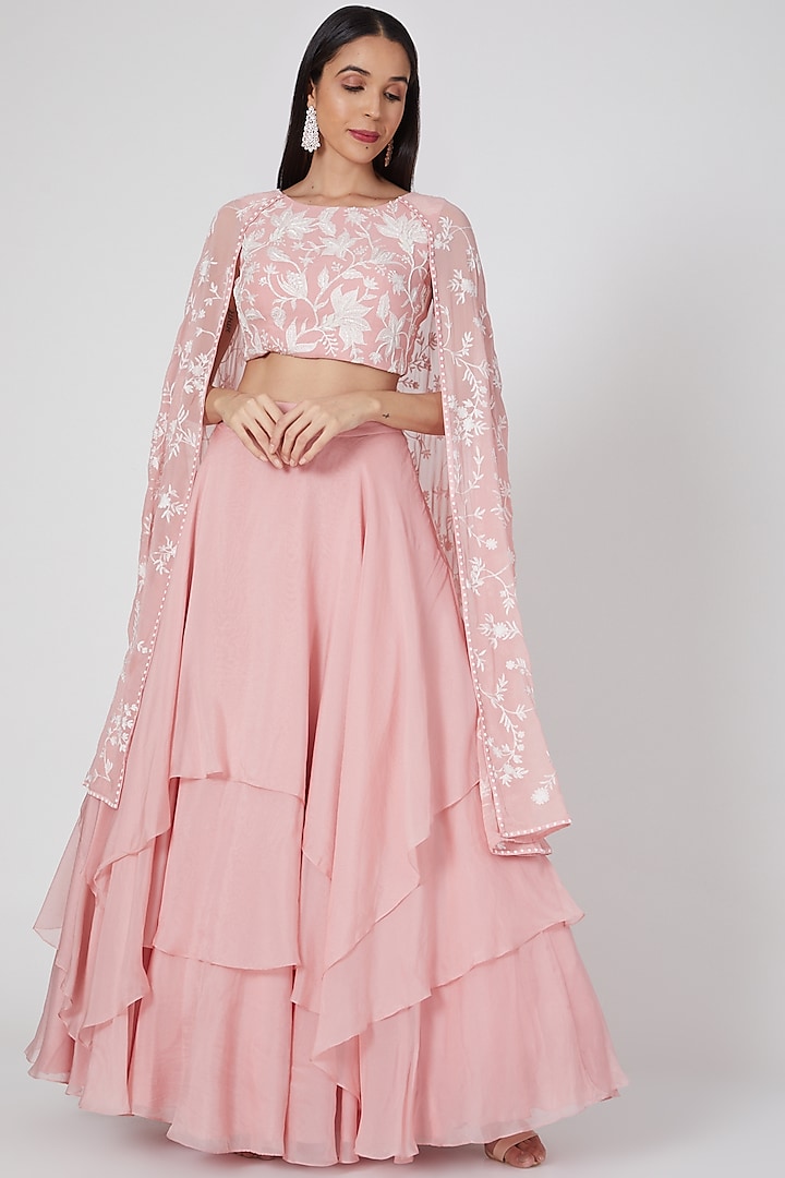 Bright Pink Embroidered Tiered Skirt Set by Mishru