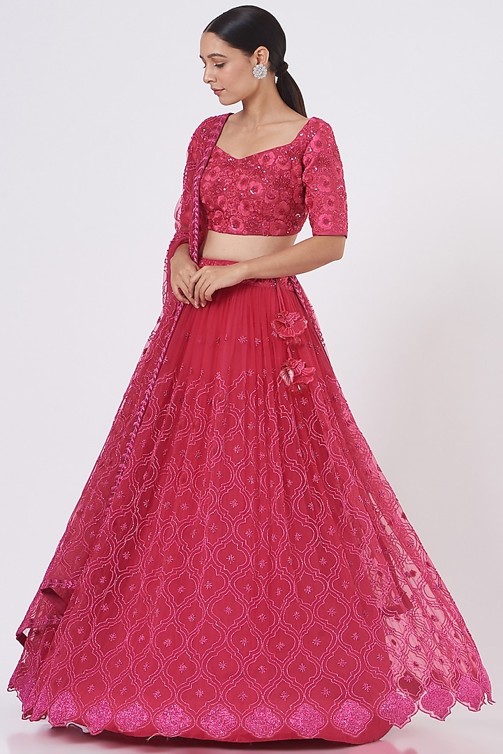 Fuchsia Embroidered Lehenga Set by Mishru