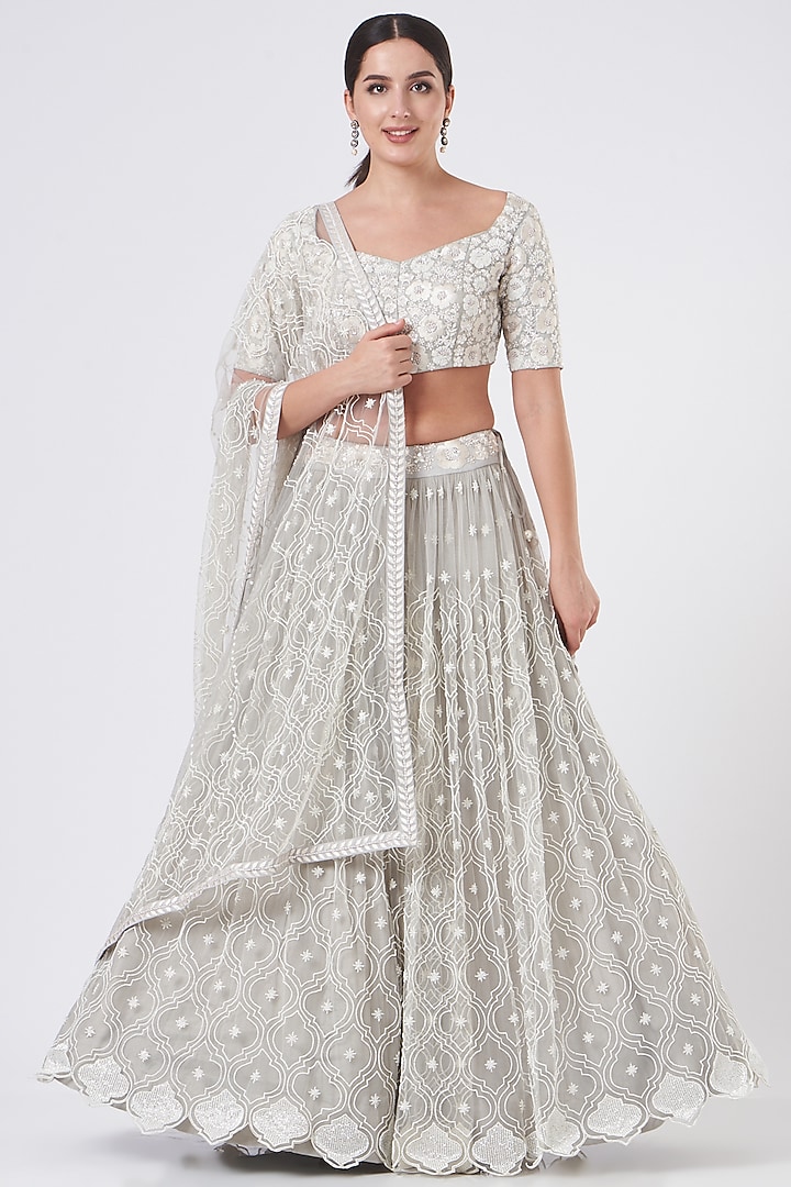 Grey Tulle Embroidered Lehenga Set by Mishru