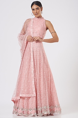 Pink Embroidered Lehenga Set  by Mishru