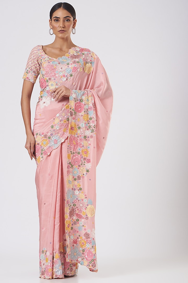 Rose Pink Silk Saree Set  by Mishru