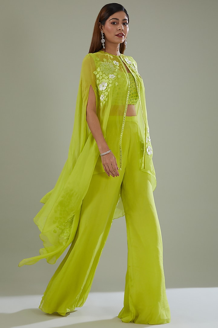 Green Organza Hand Embroidered Cape Set by Mishru at Pernia's Pop Up Shop