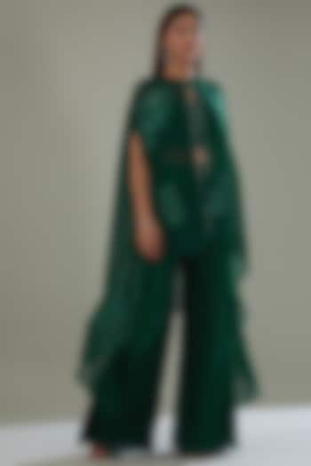 Green Organza Hand Embroidered Cape Set by Mishru at Pernia's Pop Up Shop