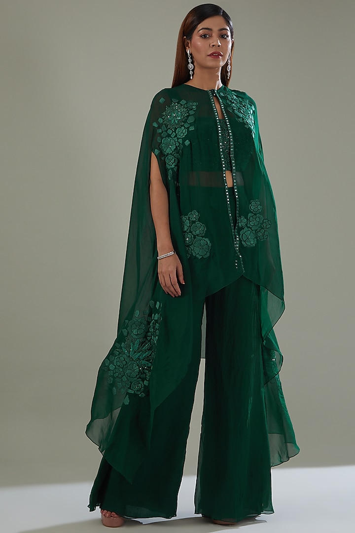 Green Organza Hand Embroidered Cape Set by Mishru at Pernia's Pop Up Shop