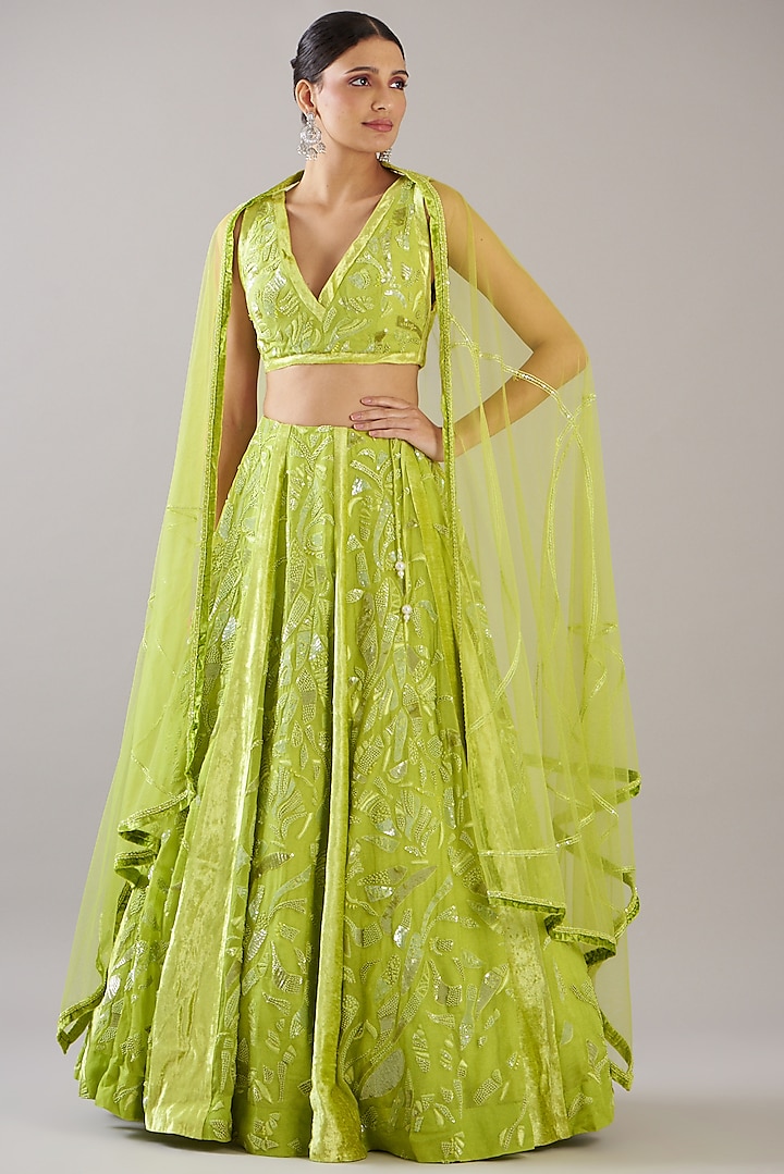 Green Organza Hand Embroidered Lehenga Set by Mishru