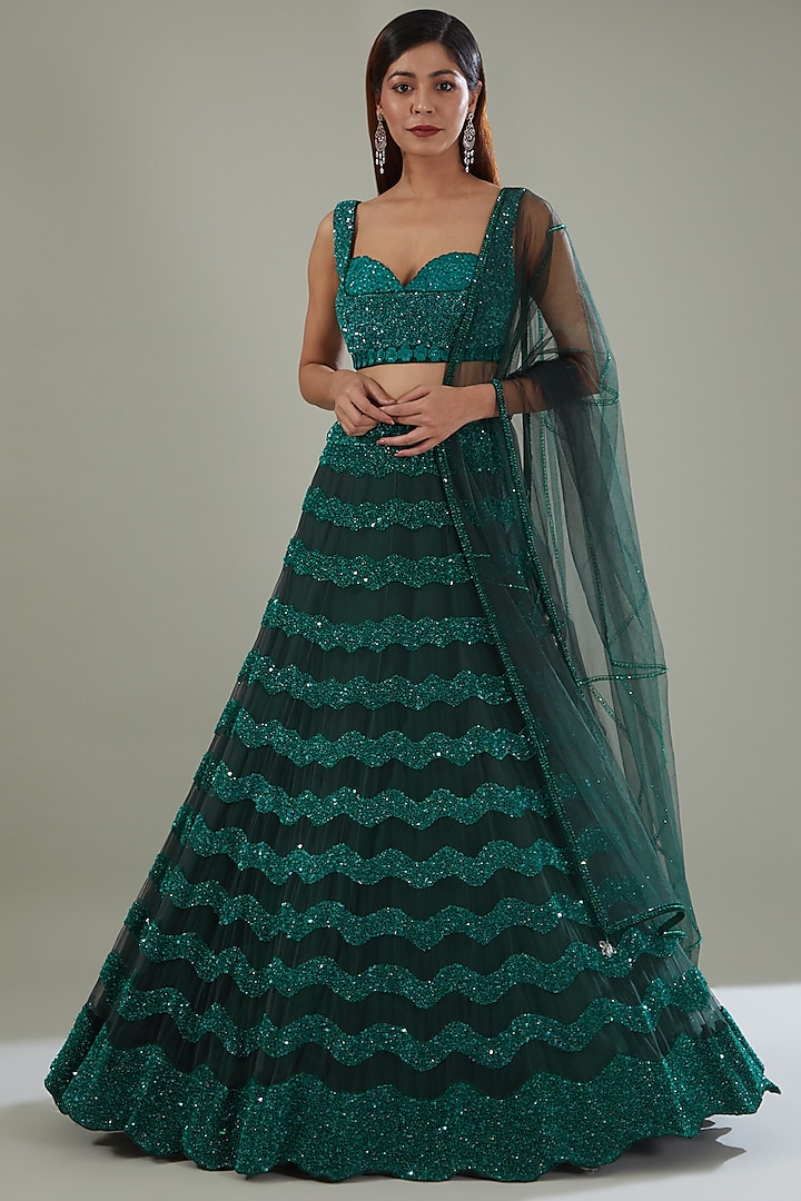 Green Tulle Hand Embroidered Lehenga Set by Mishru