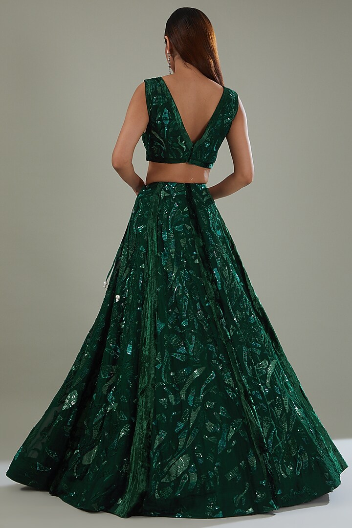 Green Organza & Velvet Hand Embroidered Bridal Lehenga Set by Mishru at Pernia's Pop Up Shop