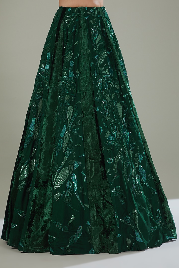 Green Organza & Velvet Hand Embroidered Bridal Lehenga Set by Mishru at Pernia's Pop Up Shop
