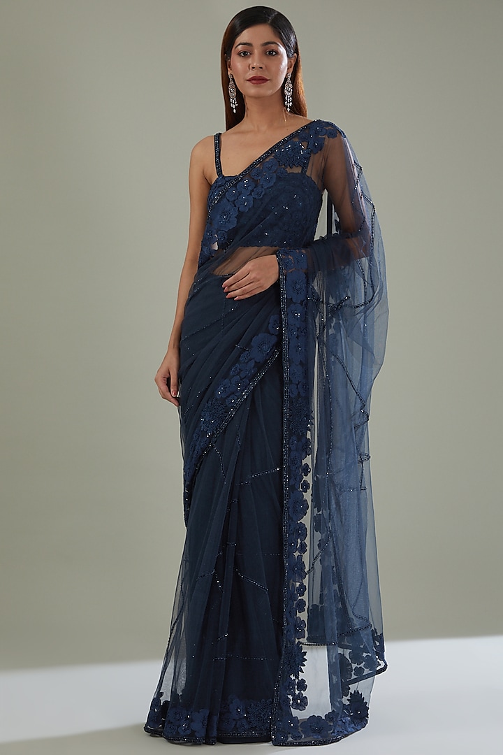 Blue Tulle Hand Embroidered Saree Set by Mishru