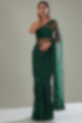 Green Tulle Hand Embroidered Saree Set by Mishru