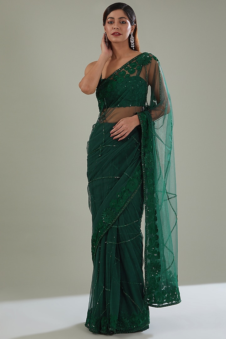 Green Tulle Hand Embroidered Saree Set by Mishru